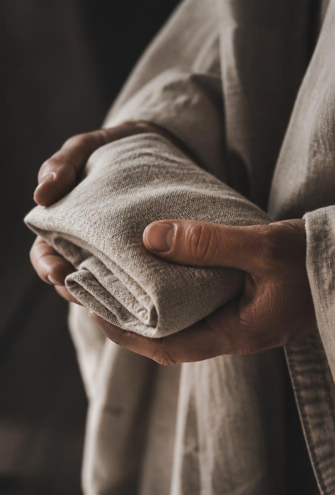 Hands holding a folded linen cloth in low cinematic light